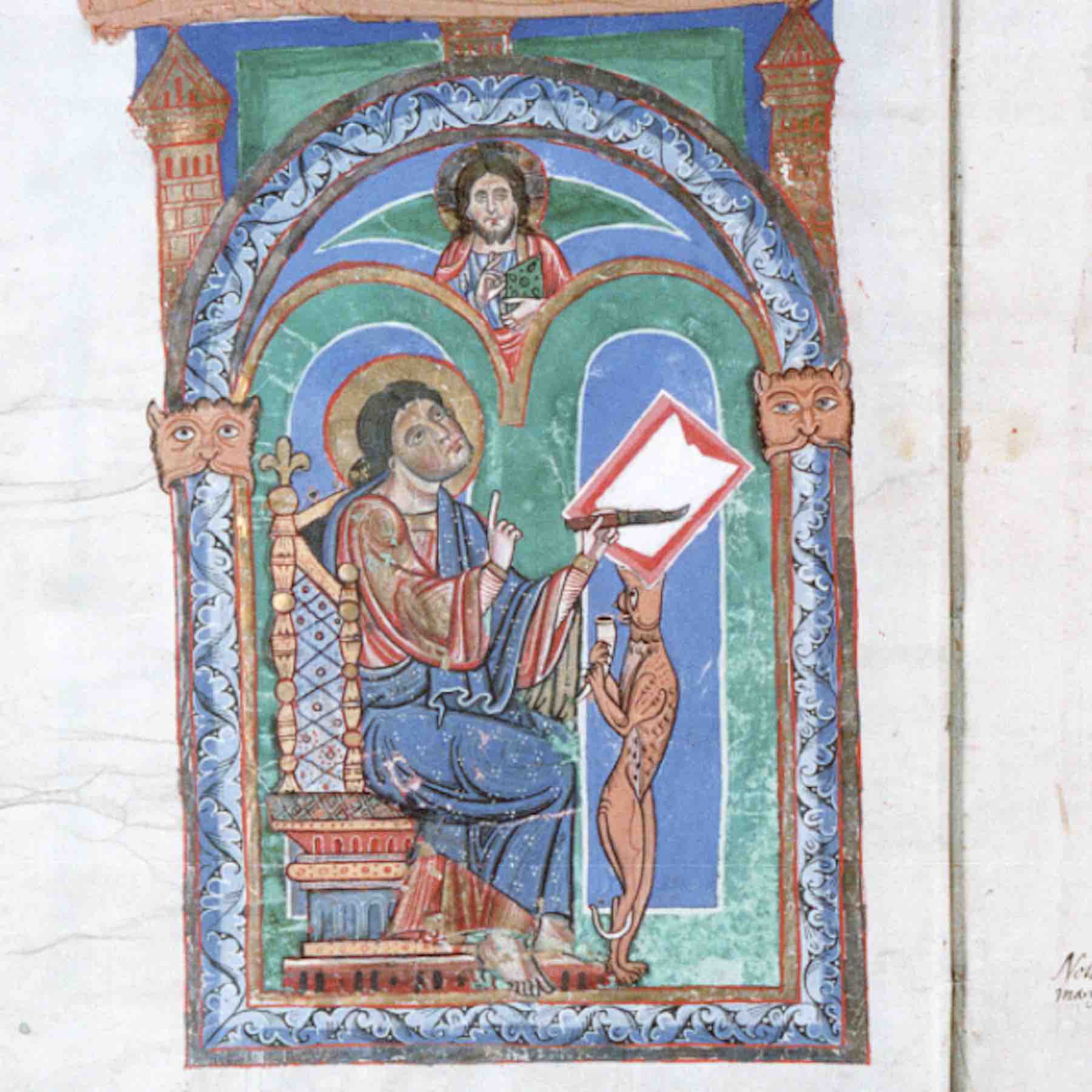 Saint Matthew from an 11th-c. gospel book at the Abbey of Saint Florian, Austria. (Color microfilm of <a href='https://w3id.org/vhmml/readingRoom/view/24121'>2227</a>/ Codex III,1)