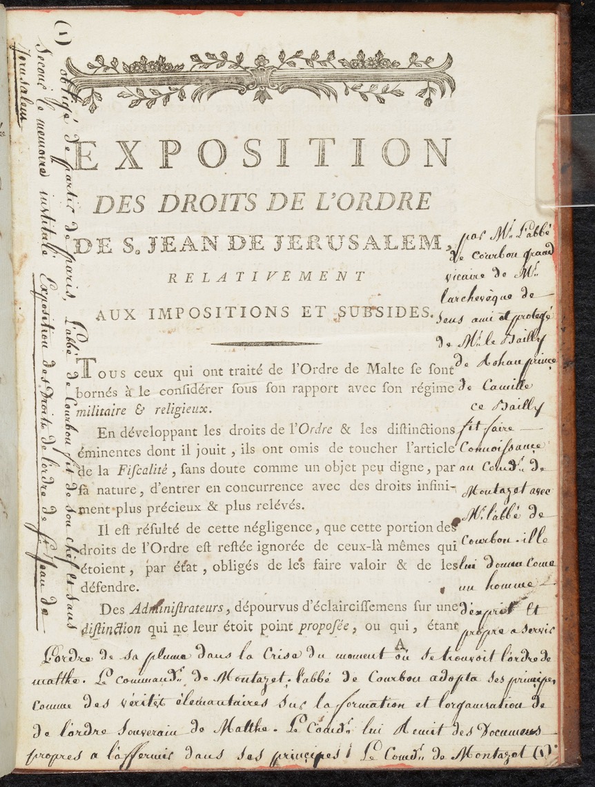 Courbon, Abbé de. Exposition des droits de l’Ordre de S. Jean de Jerusalem relativement aux impositions et subsides. France, circa 1789