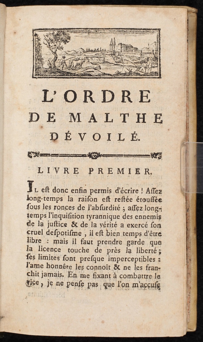 Carlo Carasi. L'Ordre de Malthe dévoilé ou Voyage de Malthe. Paris: 1790.