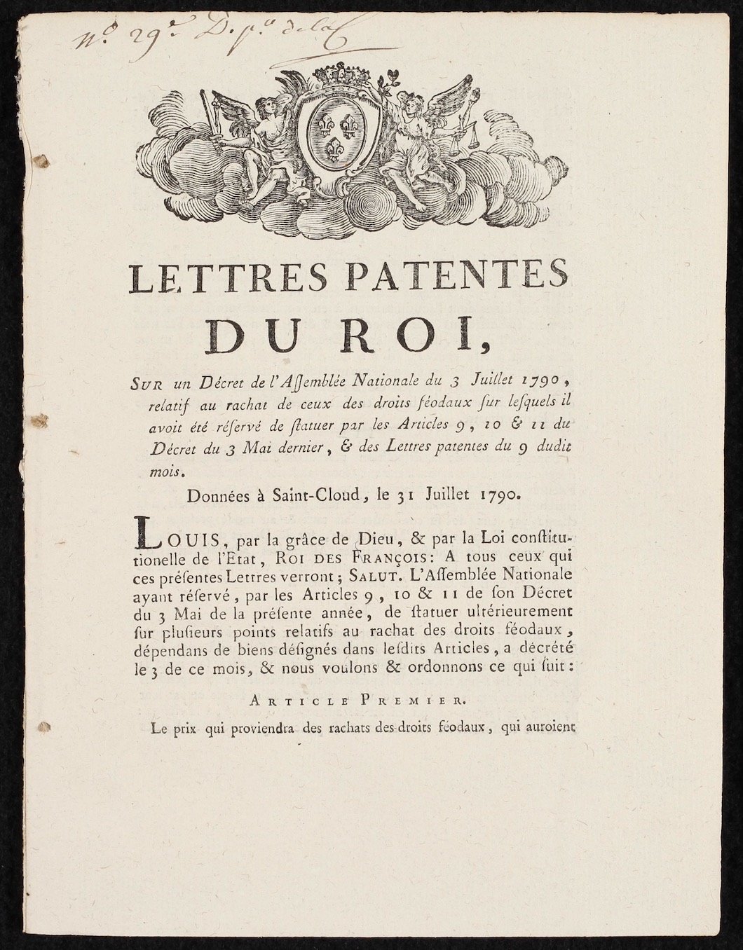 Assemblée nationale constituante. Lettres patentes du Roi, Saint Cloud, July 31, 1790. Auxerre: Laurent Fournier, 1790.