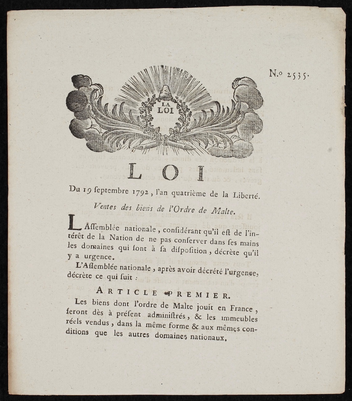 Loi du 19 septembre 1792, l'an quatrième de la liberté. Ventes des biens de l'Ordre de Malte. Saint-Brieuc, France: J. M. Beauchemin, 1792.