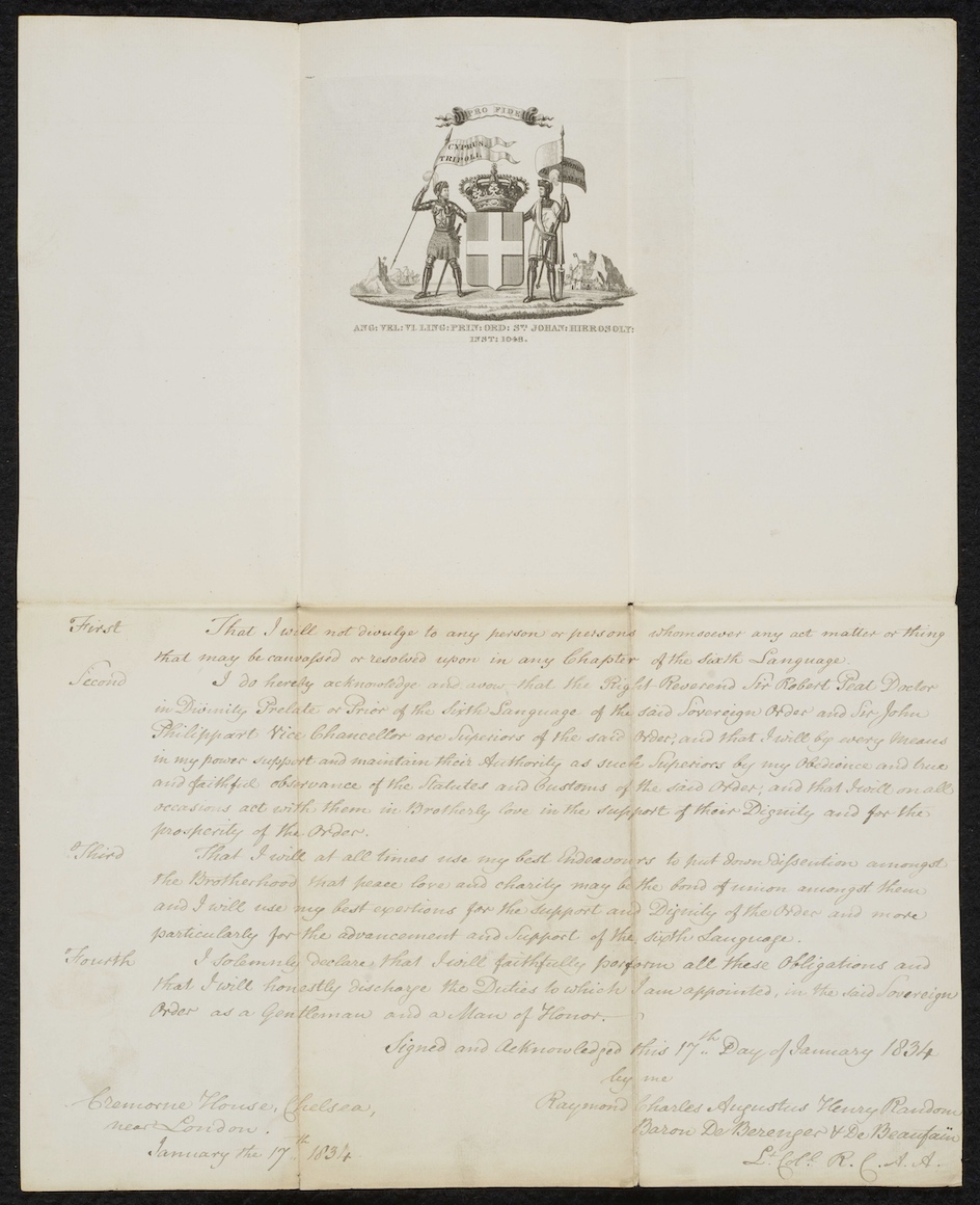 Admission of Raymond Charles Augustus Henry Random, Baron de Bérenguer, to the Venerable Order of Saint John of Jerusalem. Chelsea, England, January 17, 1834.