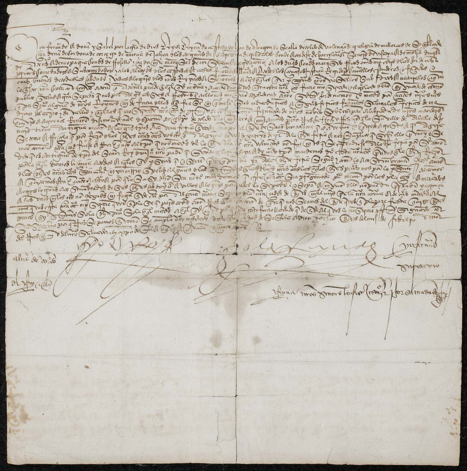 Charter of Isabel I, Queen of Castile and Leon, and Fernando V, King of Castile and Leon.