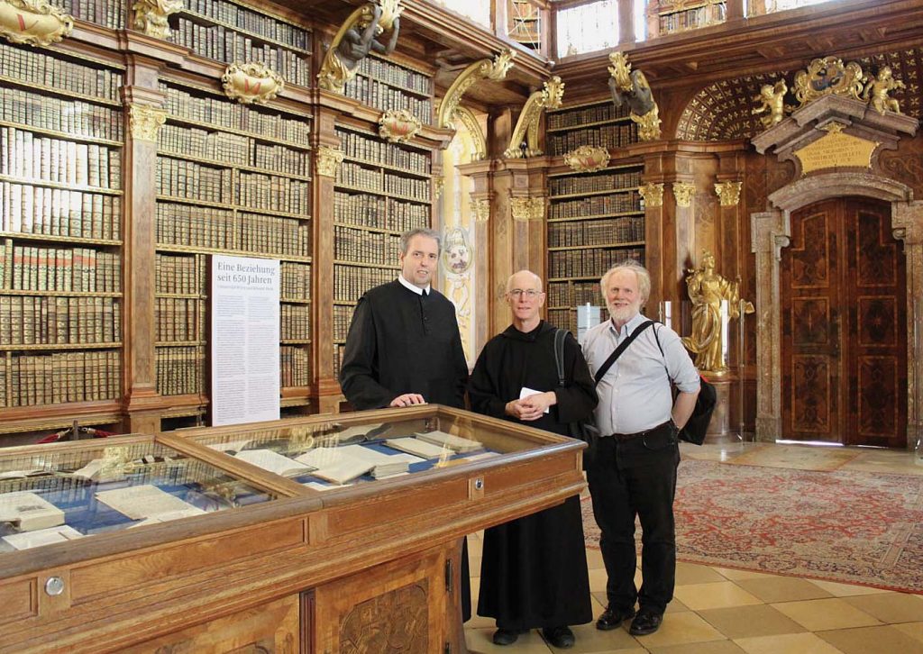 From left, Pater Gottfried Glassner, OSB, the librarian at Stift Melk, Fr. Columba Stewart, OSB, and curator Matthew Z. Heintzelman in Melk