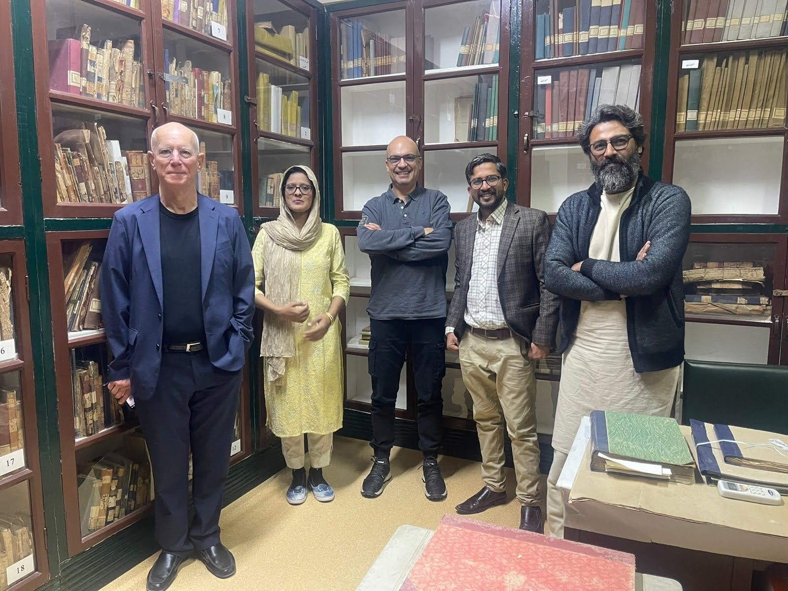 In Karachi visiting Anjuman-e-Taraqqi-e Urdu in January 2023. (Left to right): Fr. Columba Stewart, Uzma Shah, Walid Mourad, Tariq Ahmed, and Ahmad Atta.