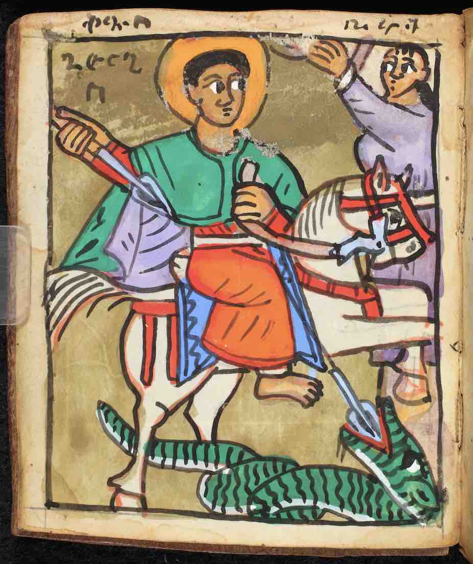 Saint George and the Dragon from Henze Ms. 6. Hill Museum & Manuscript Library (<a href='https://w3id.org/vhmml/readingRoom/view/511306'>HMML 28</a>)