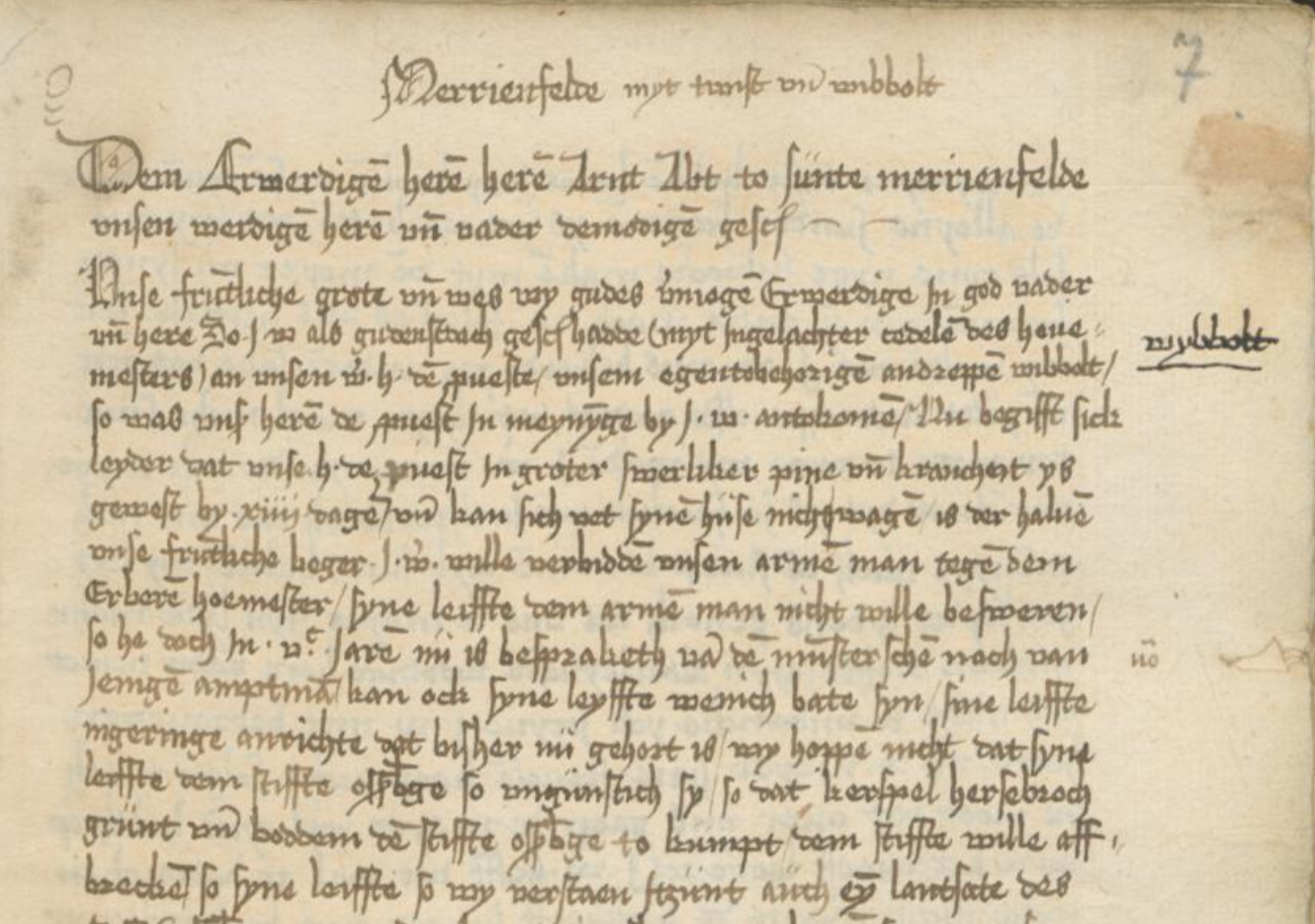 A letter from Abbess Anna von Ascheberg to the abbot of Kloster Marienfeld