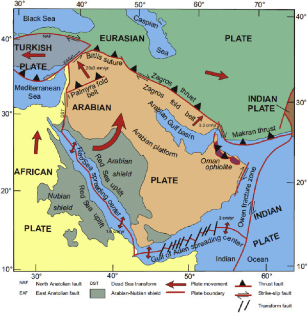 Map of tectonic plates and fault lines across Middle East