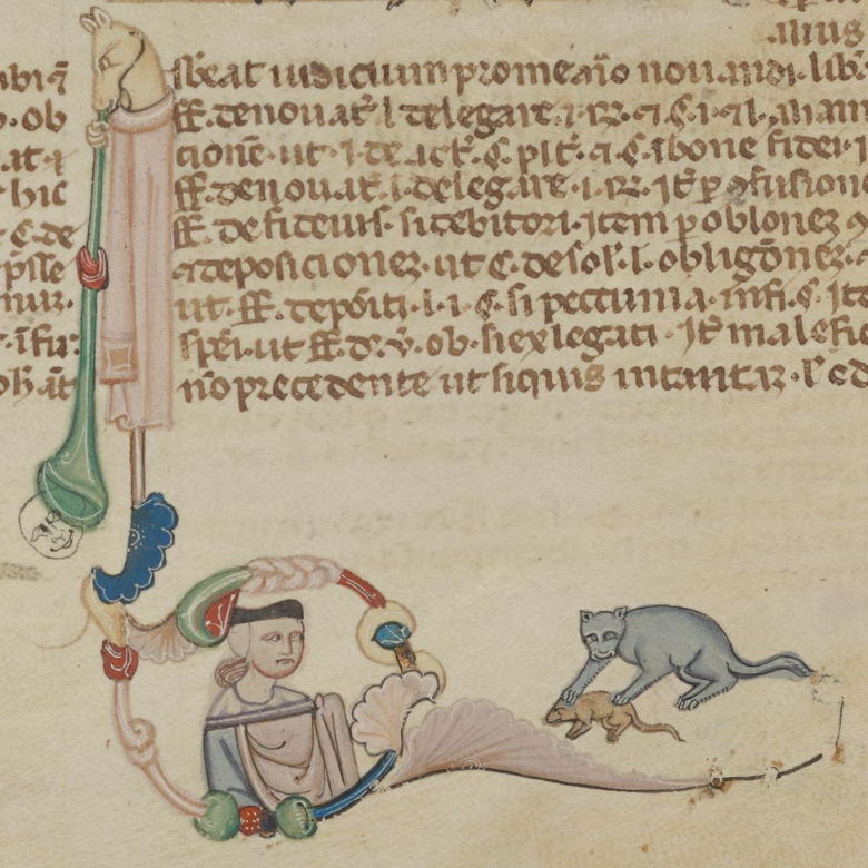 Drollery from Glossa ordinaria in Institutiones, with book four on obligations which arise from a crime, fol. 56v (Staats- und Universitätsbibliothek Bremen, msa 0148, https://nbn-resolving.org/urn:nbn:de:gbv:46:1-115651 / Public Domain Mark 1.0)