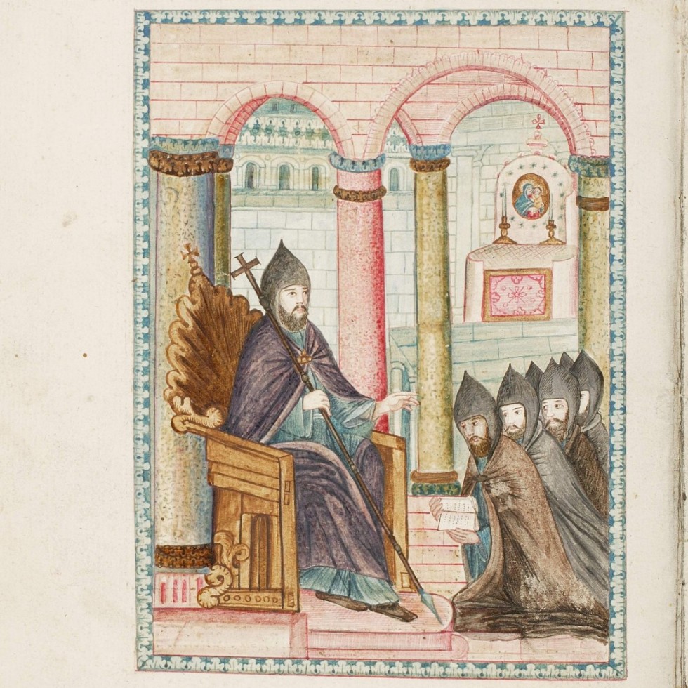 Miniature depicting an Armenian vardapet (doctor of the church) instructing student-monks (APIA 00029)