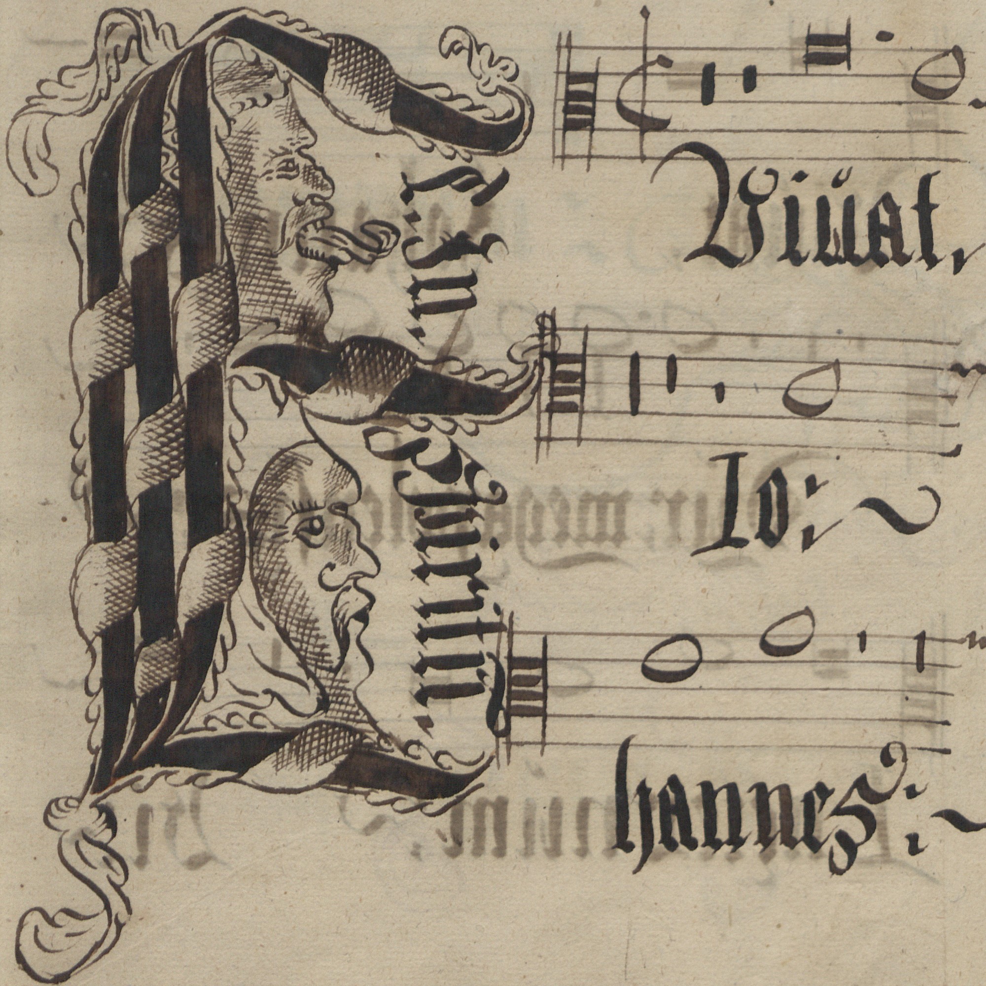 Decorated initial from a songbook compiled by Johannes Flamingus in 1571 in his own hand while chapelmaster in Schwerin (49161 05R, Mus. saec. XVI.19 (5), page 45)