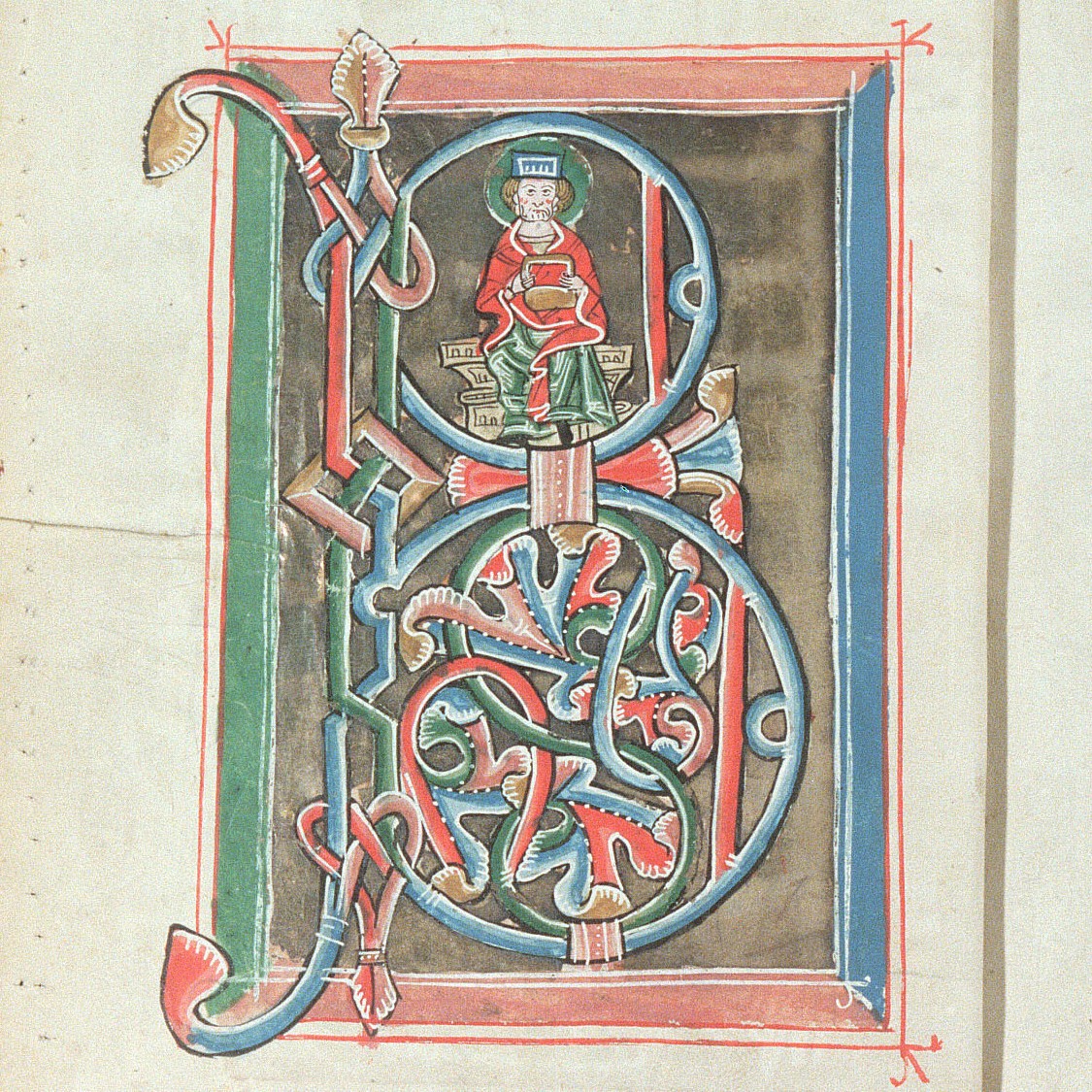 Illuminated initial depicting King David in a 14th-century psalter from the diocese of Trier (HMML 36852)