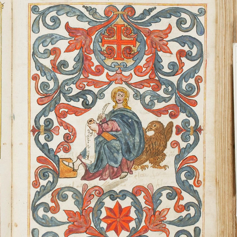 Evangelist portrait featuring John and his eagle, surrounded by elaborate scrollwork, painted by artist and scribe Rizq ibn Buṭrus. John writes on a scroll that displays the text of John 1:1 in Arabic Garshuni (fol. 271v, OLM 00983))