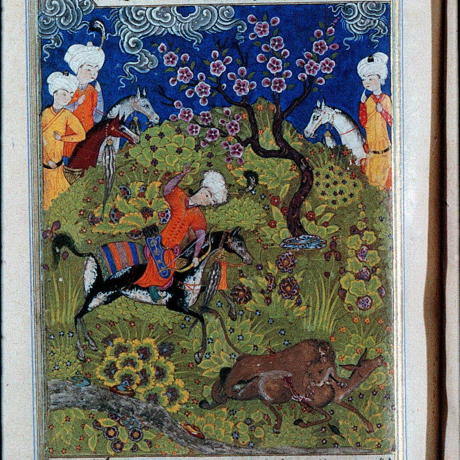 A hunting scene from Niẓāmī Ganjavī's (1140/1-1202/3) Persian poem Haft paykar (Seven portraits), copied in 1500 CE as part of his series of five poems. Österreichische Nationalbibliothek Cod. A.F. 93, preserved by HMML as microfilm 22231.