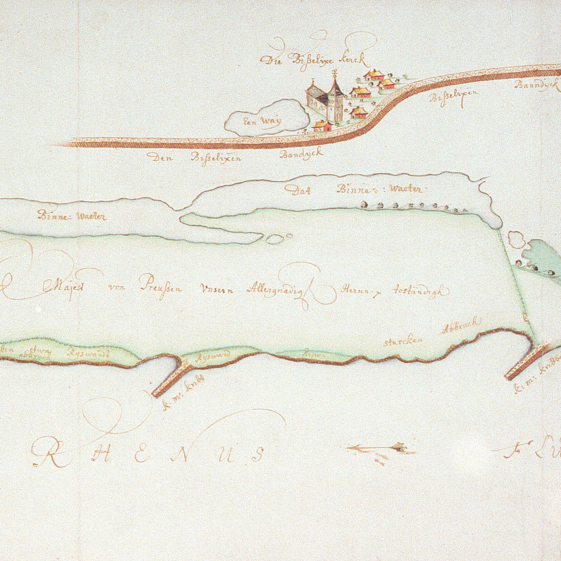 1718 map of the course of the Rhine near Bislich, including the landholdings of Kloster Fürstenberg, by the cartographer Johann Bücker (HMML 38753 007)